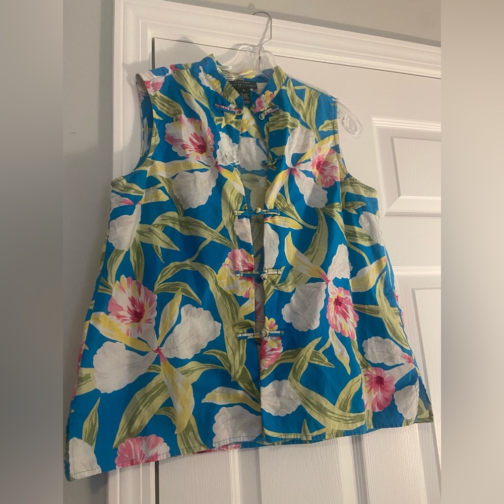 Exquisite Lauren Ralph Lauren Mandarin Toggle Floral Sleeveless Blouse XL